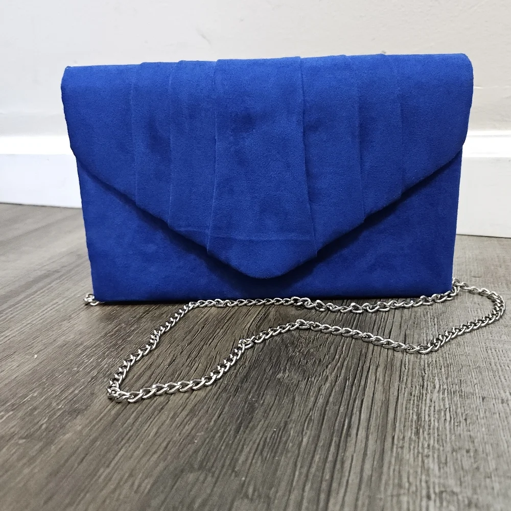 Women's Evening Bag Pleated Envelope Clutch Royal Blue Silver Chain